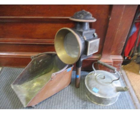 A mixed lot of metalware to include a kettle, carriage lamp, and copper coal helmetLocation: 