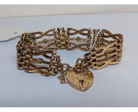 A 9ct gold gate link necklace with an engraved padlock clasp, 17gLocation: 
