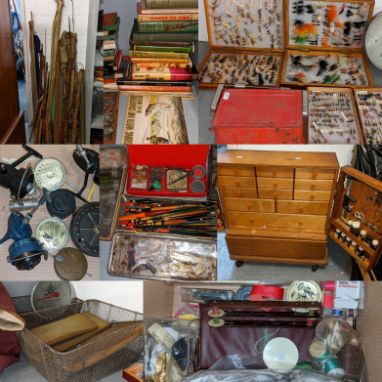 A large collection of fishing items to include rods, flys, fly tying equipment, tackle, hooks, floats, books, scales and othe