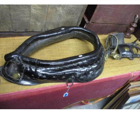Vintage horses leather and brass head collars, one with an attached bit Location: 