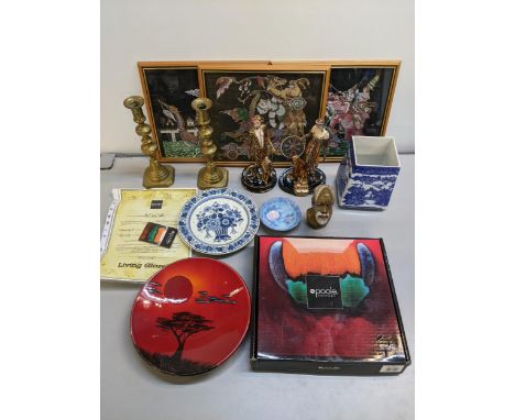 A mixed lot to include a pair of Erte Franklin Mint figures, boxed, Poole pottery plate with certificate, entitled African Sk