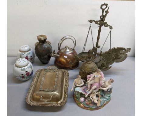 Ceramics and metalware to include a pair of ginger jars, a cast brass bell and bracelet, a kettle, scales and a porcelain gro