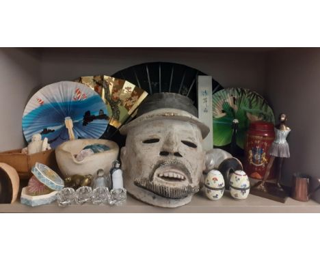 A mixed lot to include statue/figure, paperweights, fans, mixed smalls, and a large sculptured head, and  ceramic trinket box