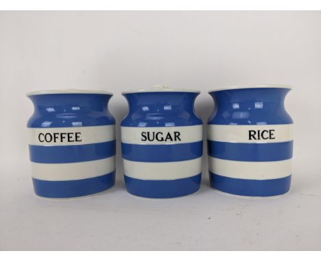Three T G Green Cornish kitchen ware storage jars comprising of 'Rice', 'Sugar' and 'Coffee' each with a black factory mark, 
