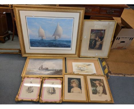 Mixed pictures to include an oil on board seascape, 19th century engravings, Steven Dews print entitled Rainbow and Endeavour