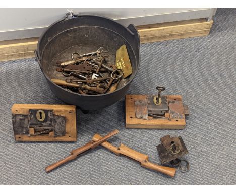 Collectables to include 'Antique' locks, keys, a plastic bucket and other tools Location: 