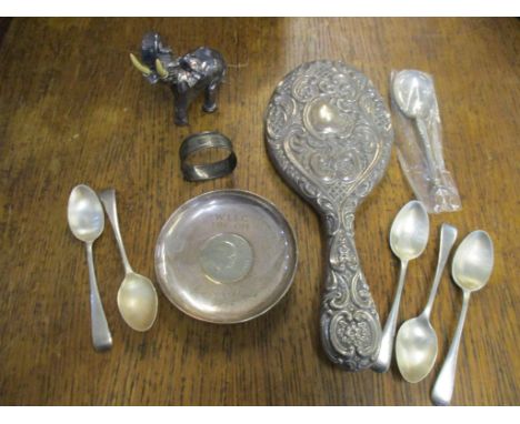 A mixed lot of silver items to include a Clementine Churchill commemorative coin pin dish, engraved W L S-C 1874-1974 engrave