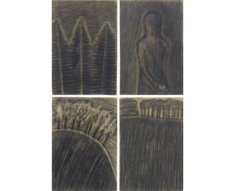 A. Kovalova: Four charcoal sketches, comprising a drawing of three tall trees, 1986, signed to lower center, 30 by 21cm, fram