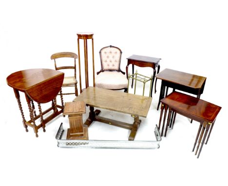 A group of twelve assorted pieces of furniture, comprising an Victorian rosewood inlaid centre table, with circular inlaid su