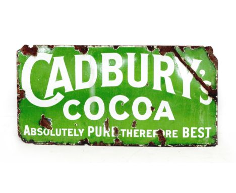 An early 20th century Cadbury Cocoa enamel advertisement, with green background, 61 by 121.5cm.With rust to its borders and s