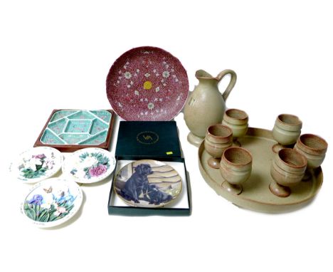 A group of ceramics, comprising a modern Chinese red enamel dish, 33cm, a modern Chinese set of nine serving dishes, pale gre