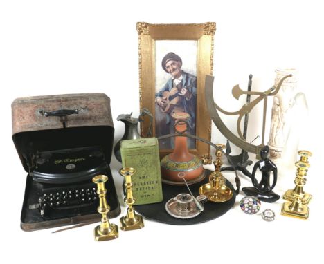 A group of mixed collectables, including a19th century brass tripod quadrant paper scale, by F. Leunig & Co., London, No. 171