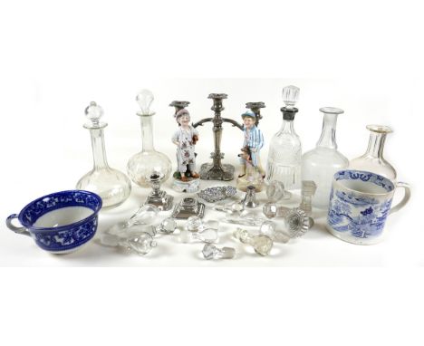 A group of assorted ornaments and silver wares, including a pair of silver dwarf candlesticks, a/f damaged, a small silver di