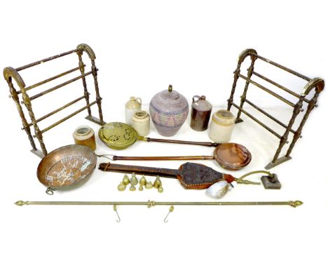 A collection of copper and brass items, together with a pair of towel rails, 64.5 by 29 by 73cm high, a set of bellows, 117cm