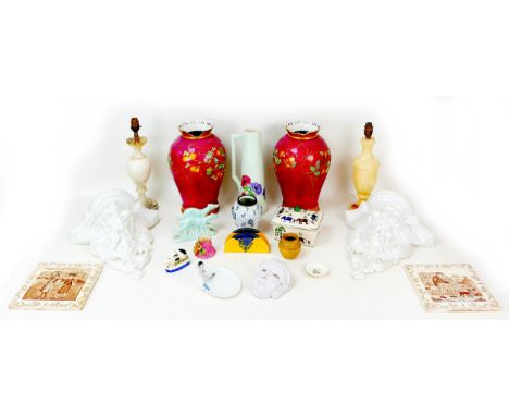 An assortment of ornaments, including two late 19th century porcelain tiles with seasonal themes, one for 'July', the other '