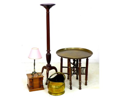 A group of mixed furniture, comprising a mahogany jardiniere stand, the dished top, 27cm, on a fluted column and three legs, 