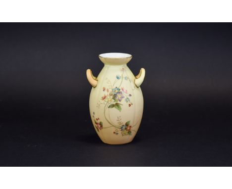 Royal China Works Worcester Twin Handled Vase ' Spring Flowers ' on Blush Ivory Ground. c.1880's. 4.5 Inches High, Excellent 