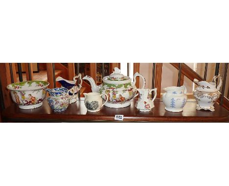 Victorian teapot and jugs with transfer decoration, including Wedgwood Rex Whistler design jug