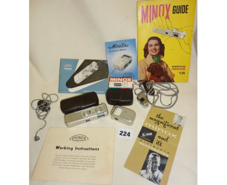 Minox II or III miniature Spy camera (A/F) with case, chains &amp; booklets, and a Minox light meter with case