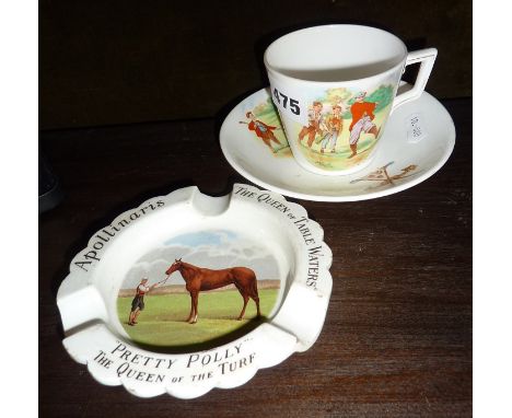 Advertising ashtray Apollinaris Table Waters with Horse Racing reference about "Pretty Polly" together with a golfing cup &am