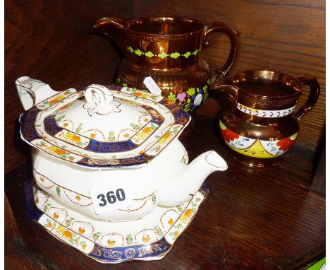 Two Victorian lustre jugs, and an Alfred Meakin 'Osiris' teapot &amp; stand