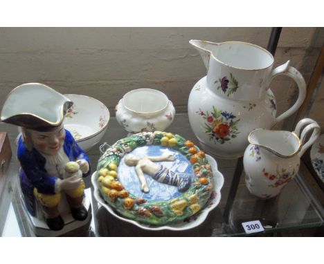 Chelsea porcelain type jugs, bowls etc. (x5), (one marked as such), an Italian Della Robbia Maiolica Christ Child wall plaque