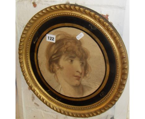 19th c mezzotint portrait of a young girl, in circular giltwood frame