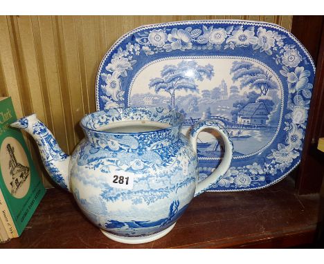Large early 19th c. blue &amp; white transfer printed teapot (no Lid), together with a similar meat platter