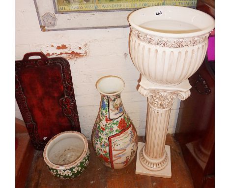 Chinese porcelain vase and planter, jardiniere on stand, and a carved Chinese tray