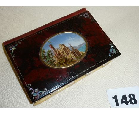 Victorian lacquered notebook case with printed mother-of-pearl panel