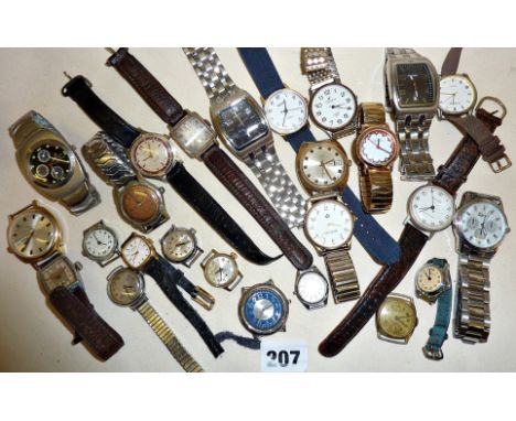 Assorted vintage and contemporary wrist watches.  Makers include Ingersoll, Timex and Sekonda