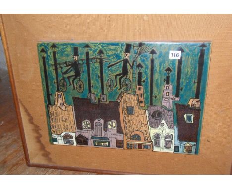 1960s painted and glazed ceramic panel of a stylised cityscape with chimneys and bicycling sweeps in the sky by Luciana Borgh