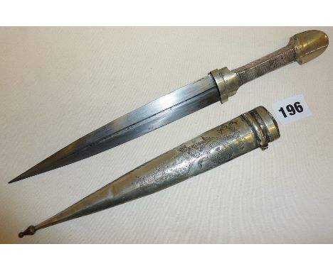 Caucasian Kubachi Kindjal dagger with silver wire-mounted pommel and engraved silver scabbard