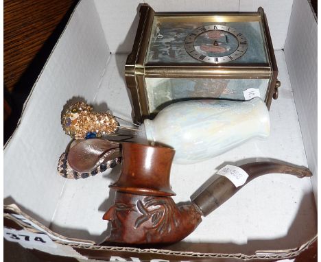 Carved wood pipe of a bearded man with Top Hat cover, some hatpins and a reproduction carriage clock