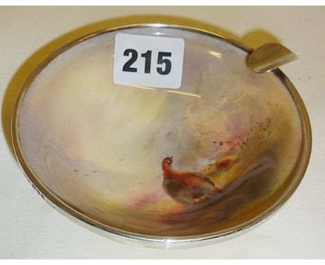 Royal Worcester ashtray decorated with a pheasant by artist Harry Stinton.  Mounted with hallmarked silver rim, marked retail