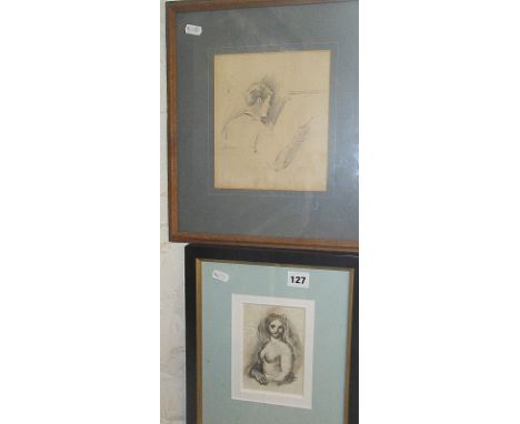 Pen and ink portrait of a naked woman by Patricia Hamilton, book illustrator and a pencil drawing of an artist at a drawing b