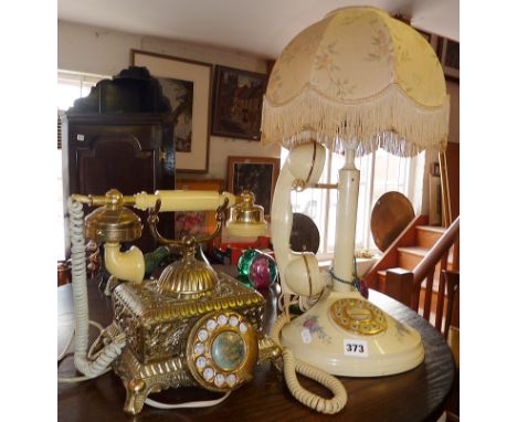 Unusual Kitsch decorated plastic 'candle' telephone table lamp, c.1980s, and a brass &amp; faux ivory telephone, c.1970s