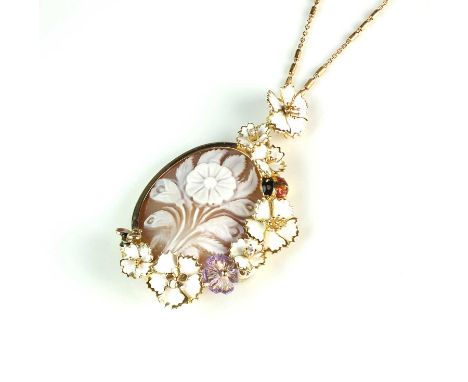 An Italian Roberto Bravo diamond, enamel, amethyst and shell cameo pendant, designed as an oval shell cameo depiciting a spra