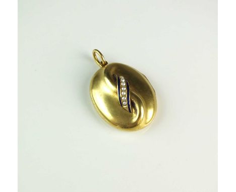 A late 19th century seed pearl and blue enamel oval locket, the yellow metal locket with central stylised raised ribbon motif