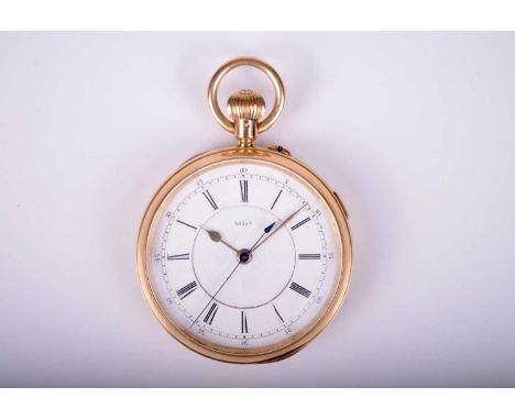 An 18ct gold open face chronograph pocket watchDate: Circa 1902Movement: Gilt 3/4 plate signed Robert Curtis, Hull, 35315, ch