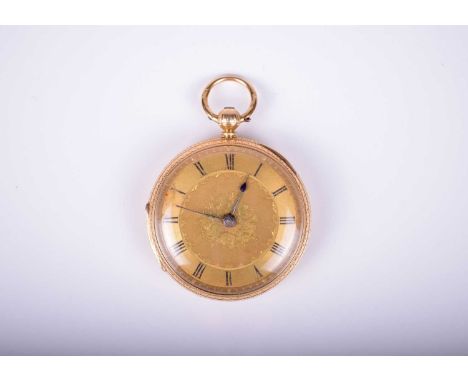 An 18ct gold open face pocket watchDate: Circa 1873Movement: Gilt English lever with engraved balance cock, no.58985, gilt du