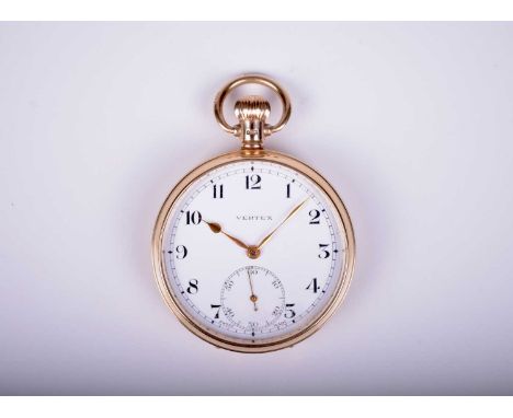 Vertex: A 9ct gold open face pocket watchDate: Circa 1935Movement: 15 jewel, bridge plateDial: White enamel with black Arabic