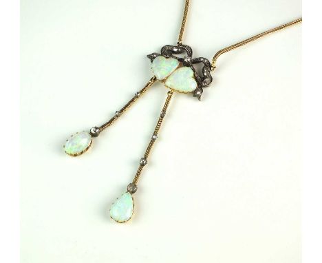 A late 19th century opal and diamond necklace, designed as two heart shaped opals mounted to graduated old and rose cut diamo