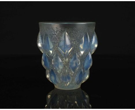 R.Lalique, France, a 'Rampillon' glass vasecirca 1920sfrosted and opalescent colourway, moulded with a repeating pattern of d