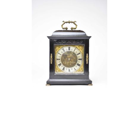 A late 17th century ebonised bracket clock by Jacobus Hassenius, LondiniSurmounted by a twin-dolphin handle on the caddy top 