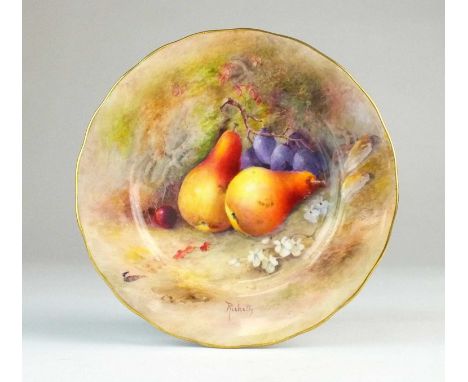 A Royal Worcester side plate decorated with fruit by Rickettsdated 1923typically painted with two pears, a cherry and blackcu