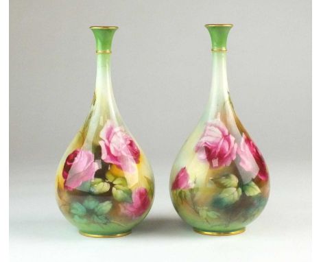 A pair of Royal Worcester Hadley ware vases painted by H. Martindated 1907ovoid form, with slender tapering neck, painted wit