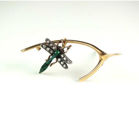 A diamond and enamel dragonfly brooch, designed as a green and black enamel dragonfly with old cut diamond set shoulders and 