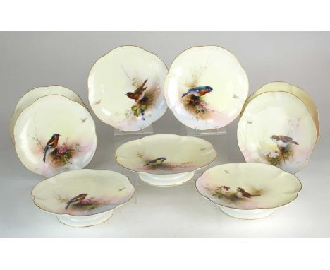 A Royal Worcester ornithological dessert service painted by E. Barkercirca 1913of lobed form, decorated with birds including 