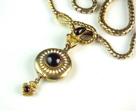 A Victorian garnet, emerald and enamel snake necklace, designed as a stylised snake with emerald set eyes and cabochon garnet